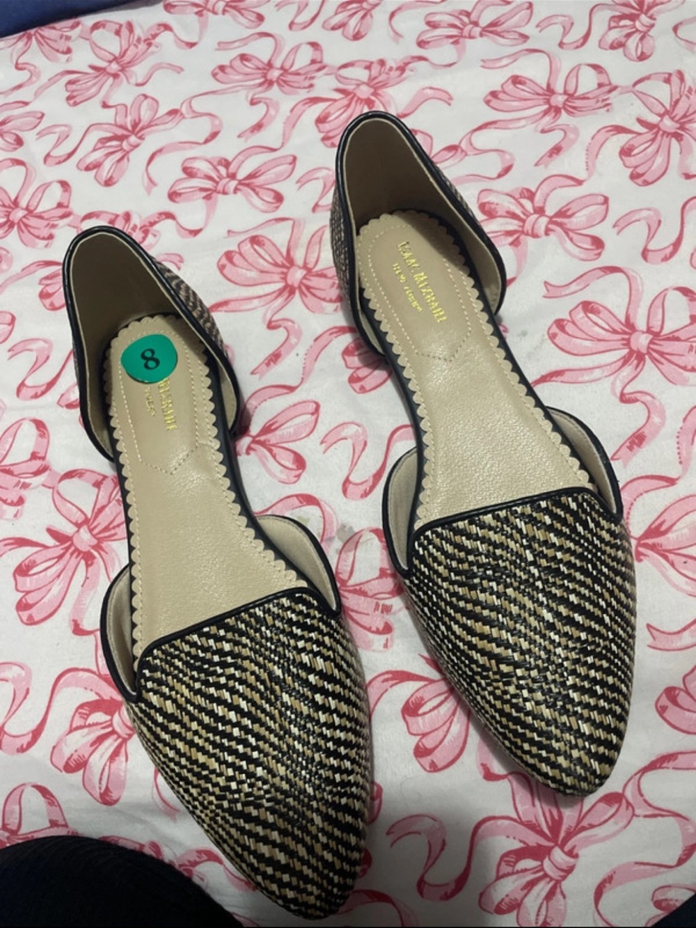 Woven Pointed-Toe D'Orsay Flats in Black and Cream